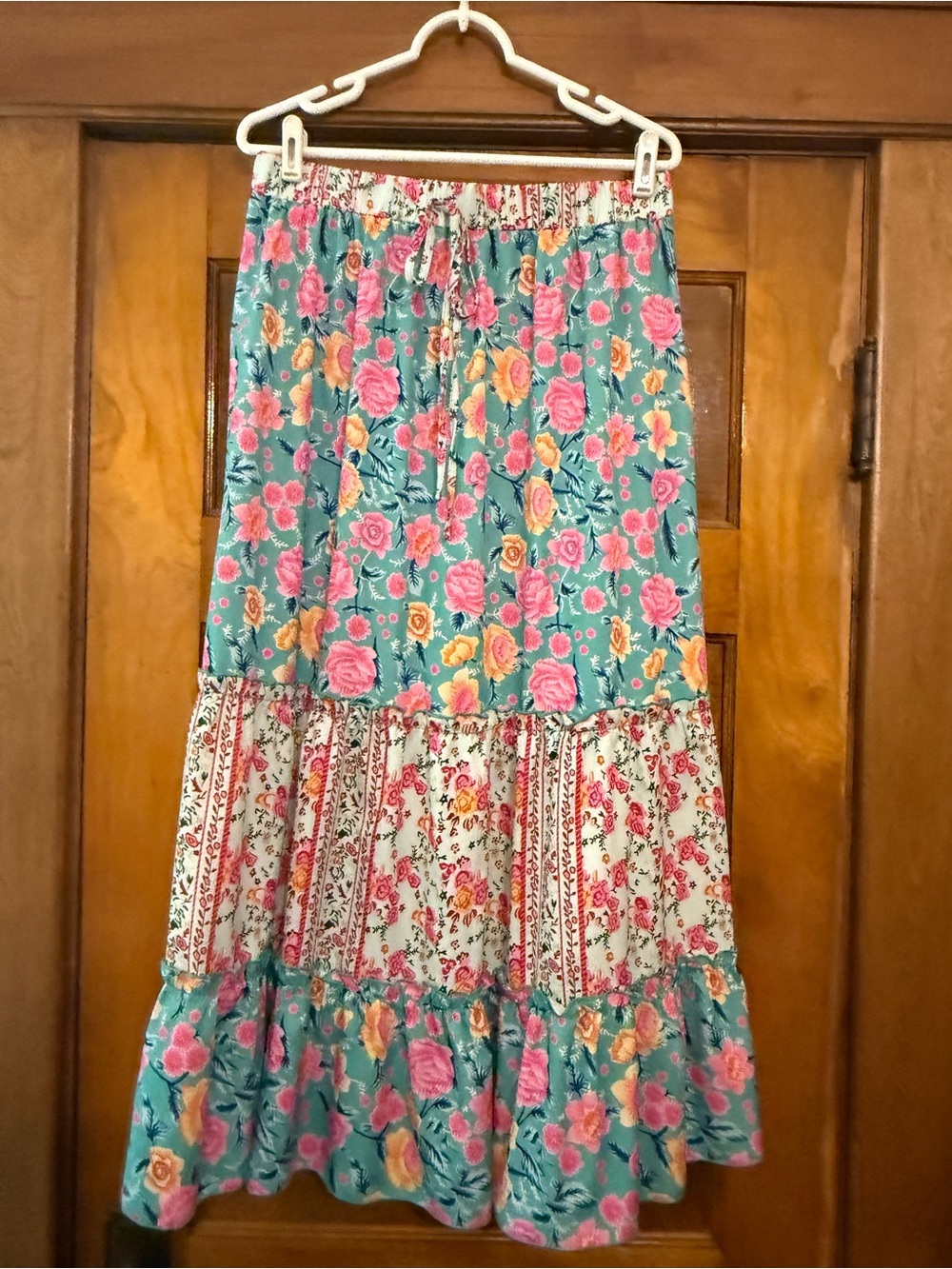 SHEIN Teal Pink Floral Tiered Maxi Skirt